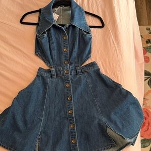 Denim Halter Dress with Button Front